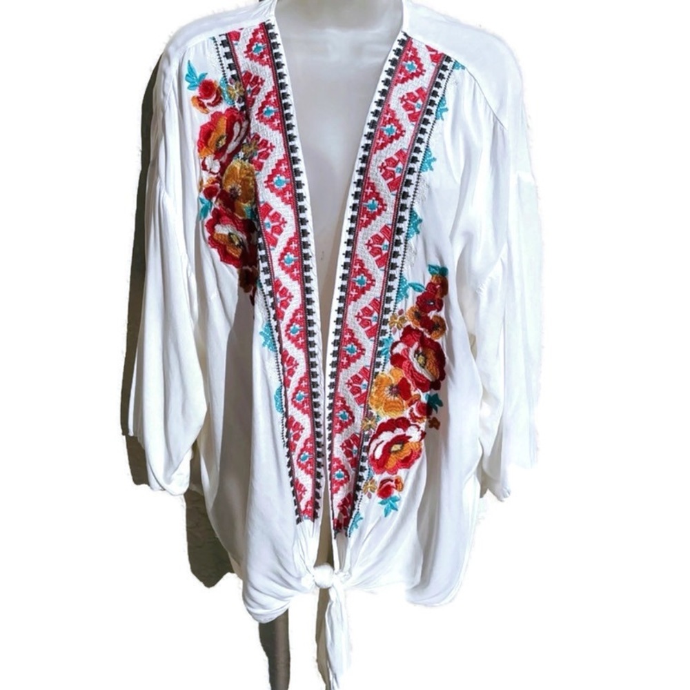 Andree by Unit Embroidered Tie Front Cardigan  Plus 1X